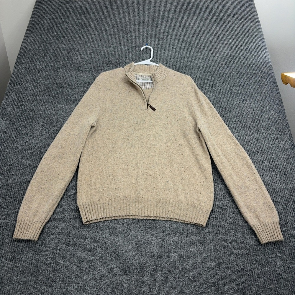 Williams & Kent Sweater Mens‎ L Beige 100% Merino Wool Quarter Zip Elbow Patches